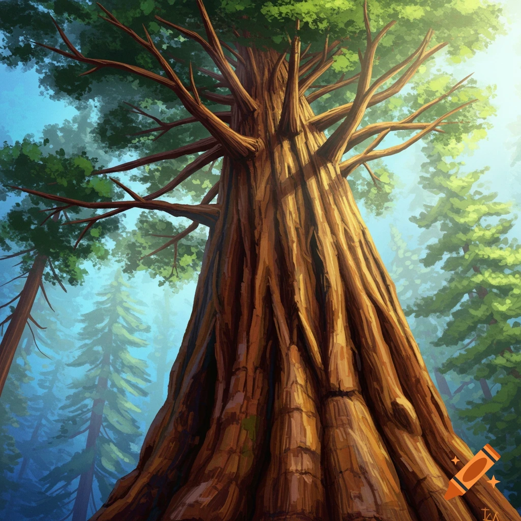 A large redwood tree seen from below in a stylized painting.