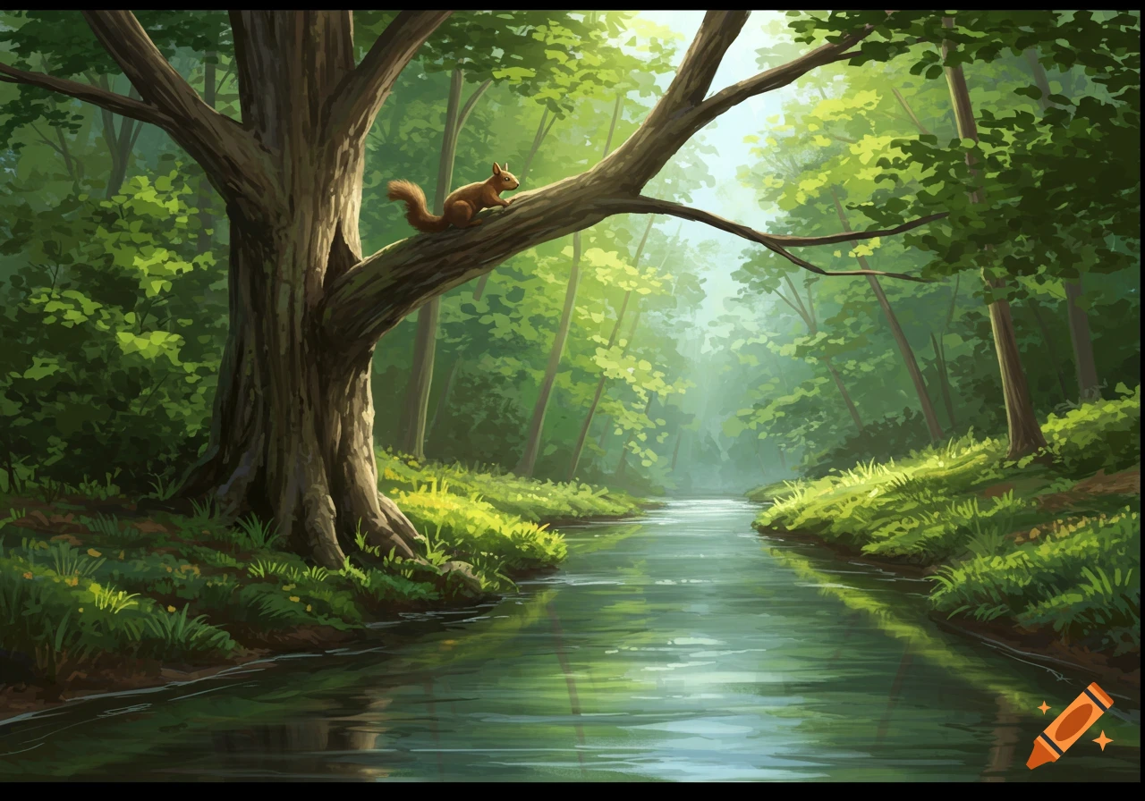 An illustration of a squirrel on a tree branch overlooking a river in a forest.