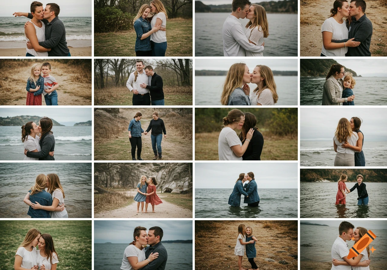 A photo collage showing multiple images of couples, friends, and families kissing, hugging, and posing outdoors by water and in woods.