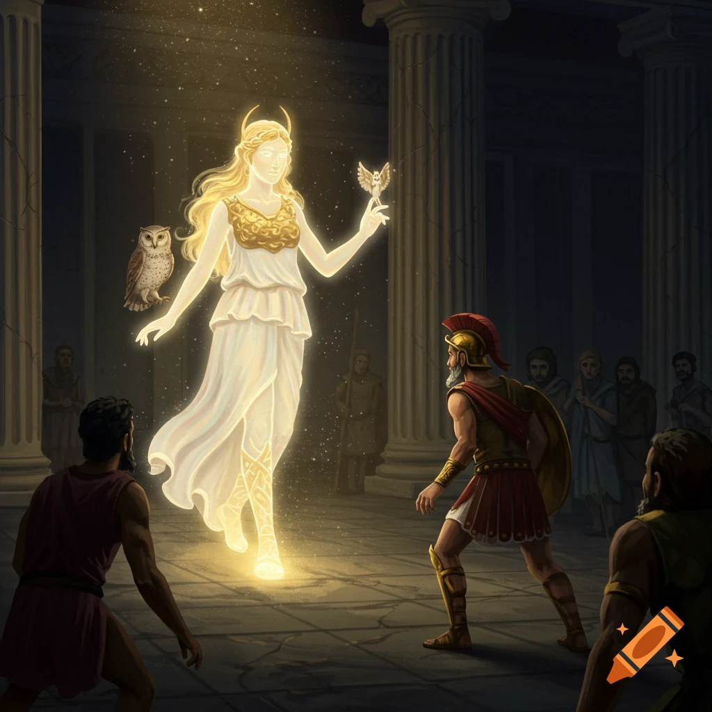 Glowing Athena appears before warriors in an ancient temple with an owl.