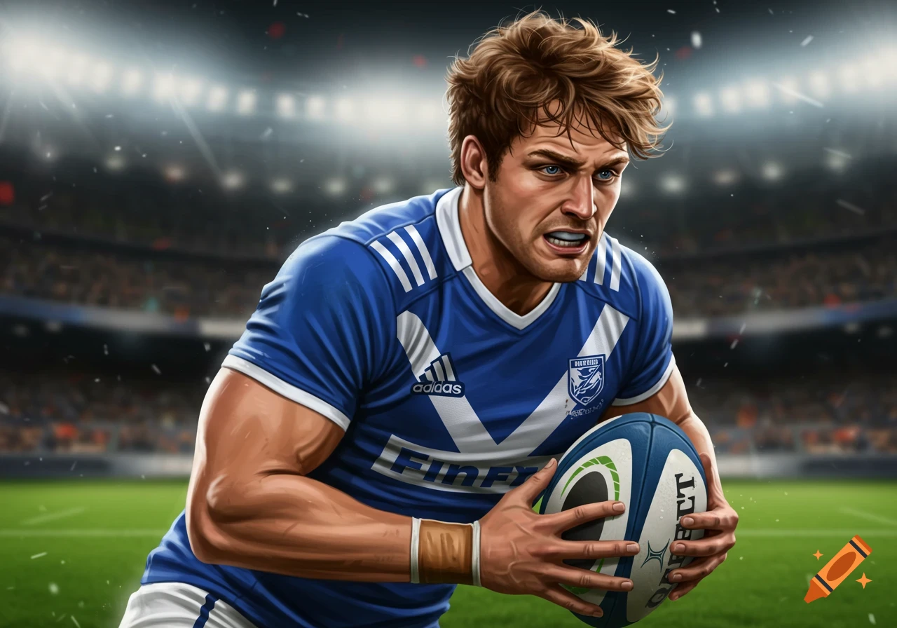 Muscular rugby player in a blue jersey holds the ball in a stadium, illustrative style.