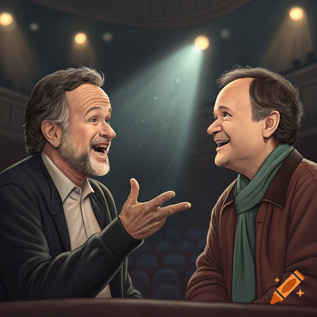 Digital illustration of two comedians resembling Robin Williams and Billy Crystal laughing together on a stage.