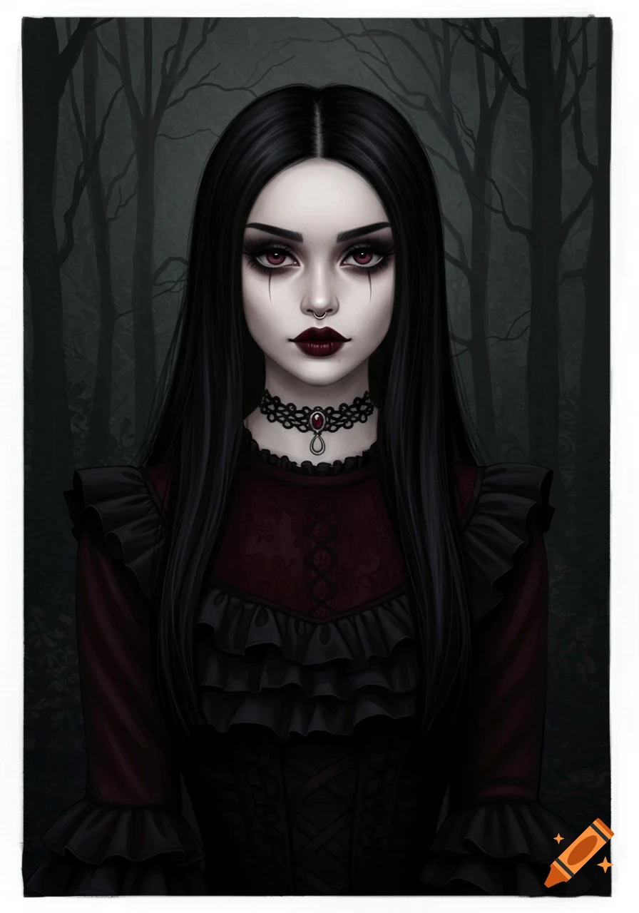 Portrait of a gothic woman with black hair and dark makeup in a dark forest.