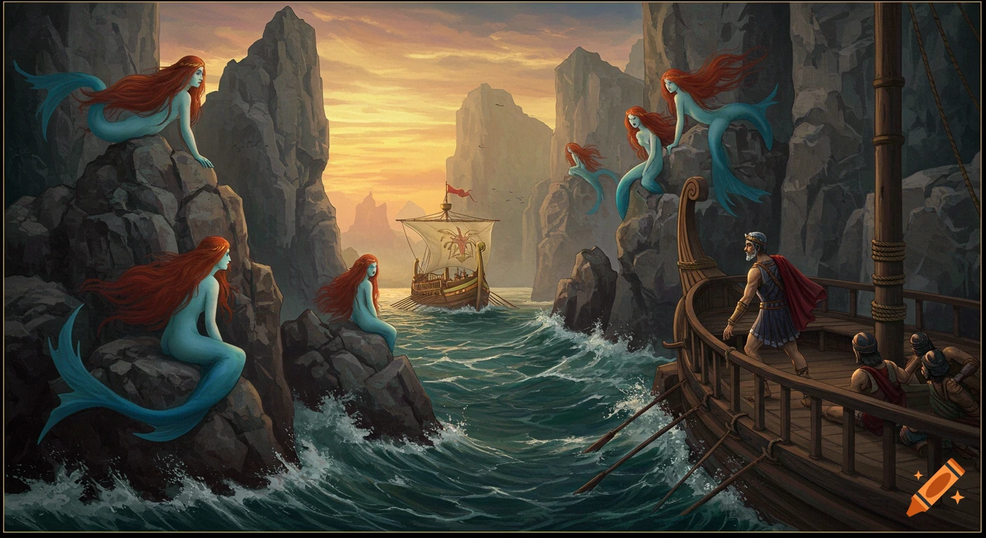 Painting of a ship with a man sailing past cliffs where mermaids perch on rocks at sunset.