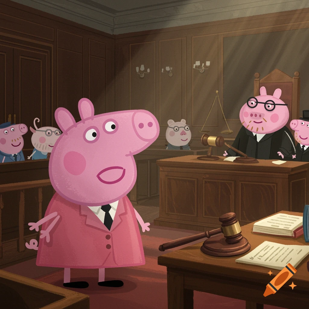 Cartoon pigs in a courtroom scene
