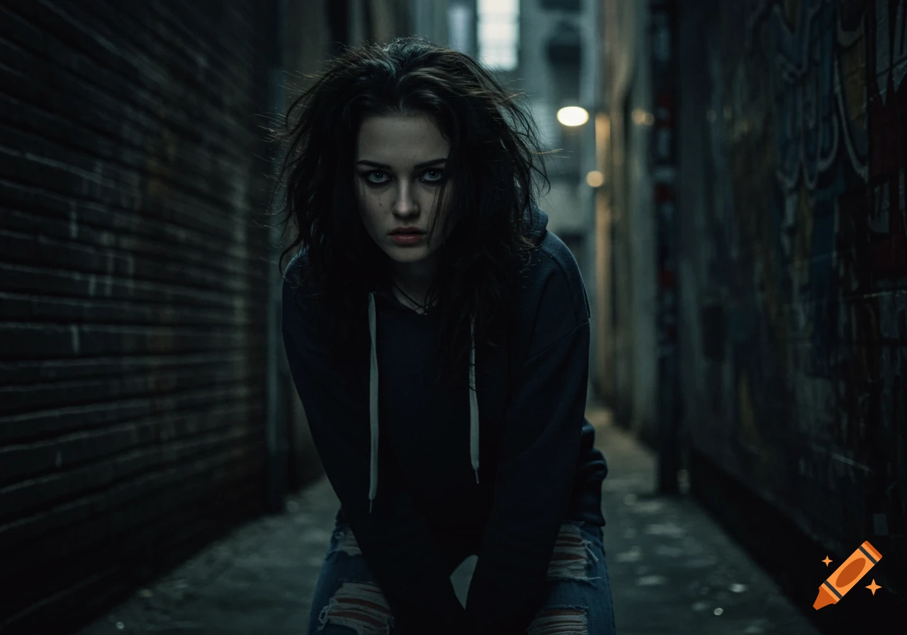 A young woman in a hoodie and ripped jeans stands in a dark alley with graffiti.