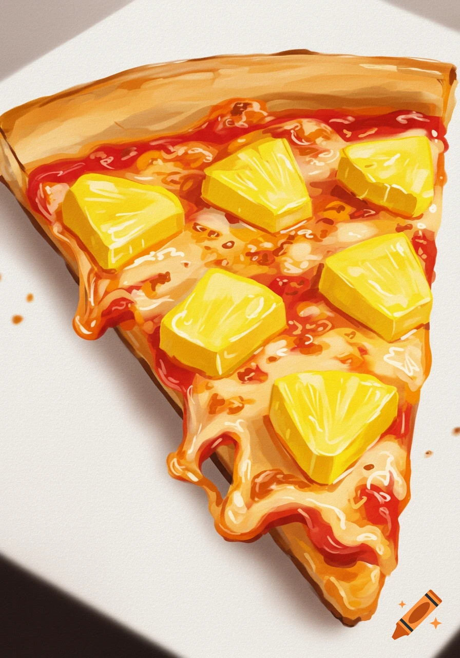 Close-up of a slice of pineapple pizza with melted cheese and sauce, in a painted style.