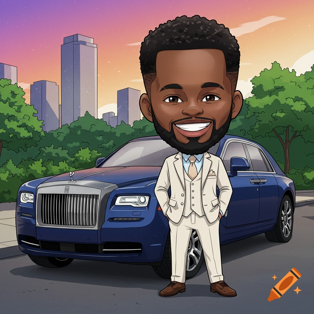 Cartoon illustration of an African American man in a suit standing next to a blue Rolls Royce.