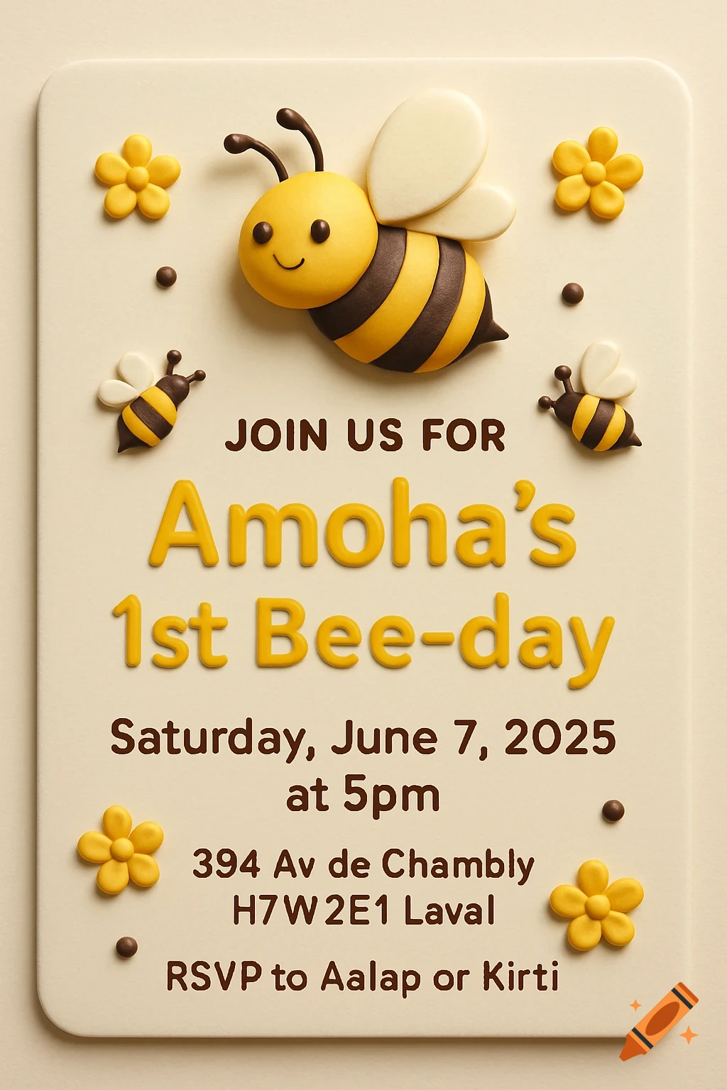 3D render of a cute bee-themed first birthday invitation with text.