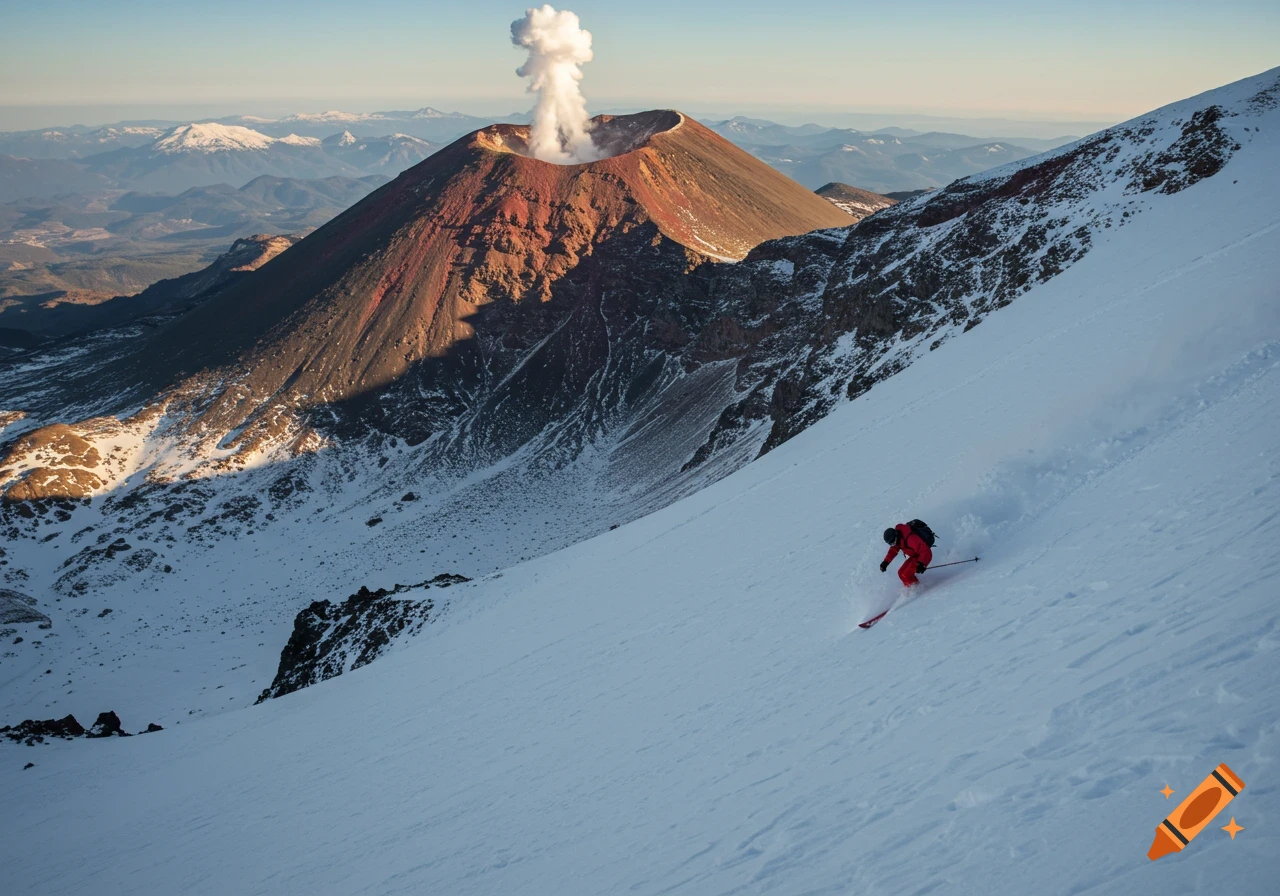 A skier descends a snowy slope with a smoking volcano in the background.