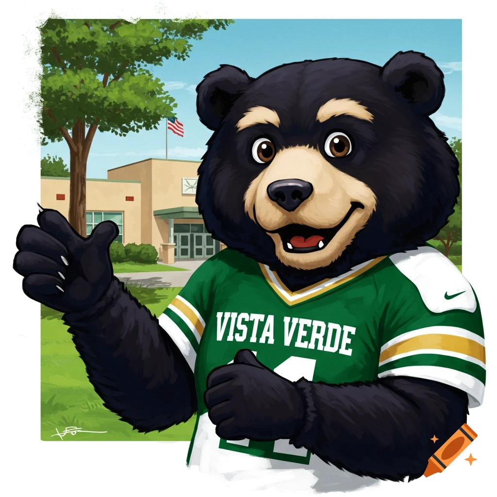 Illustration of a friendly bear mascot in a green jersey saying VISTA VERDE, giving a thumbs-up in front of a school.