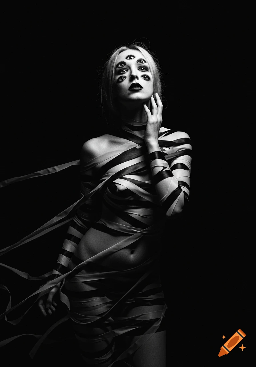 Black and white photo of a woman wrapped in ribbons with multiple eyes on her face.