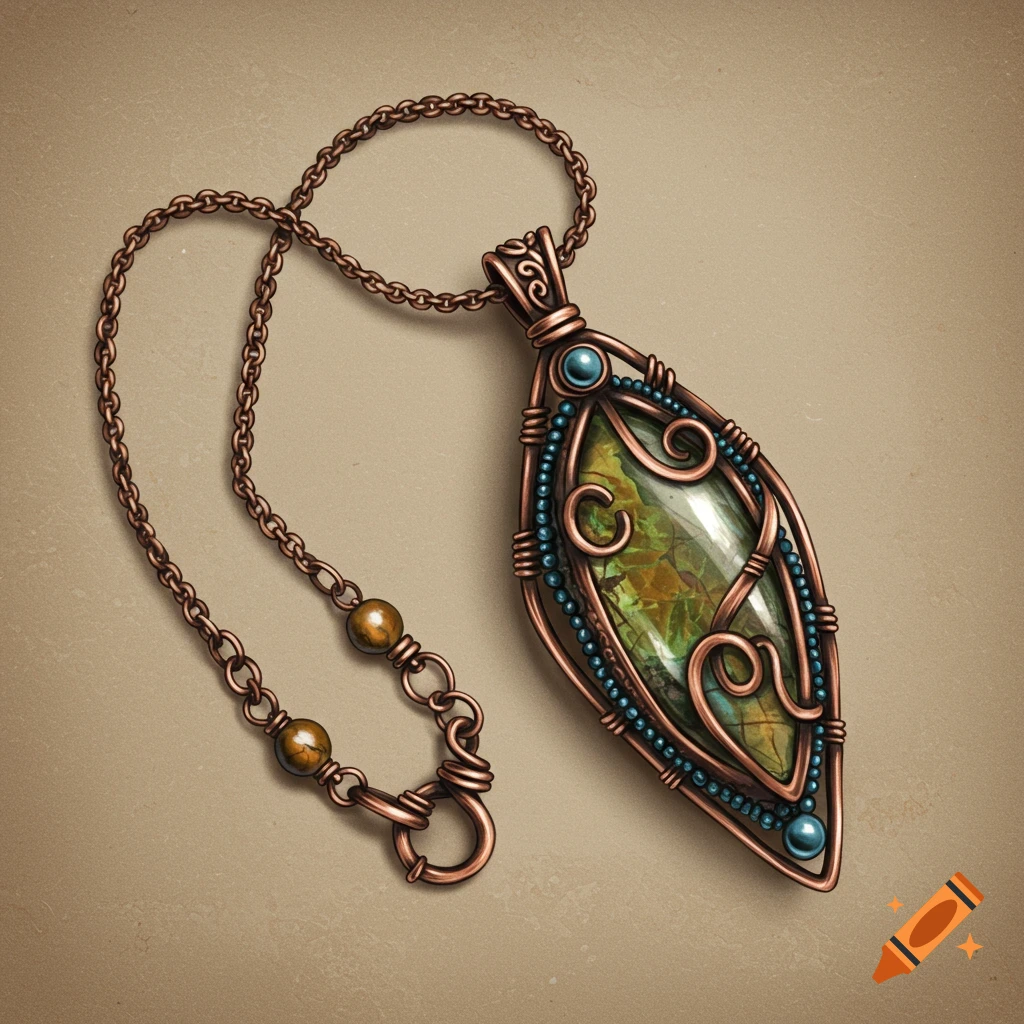 A copper wire-wrapped pendant necklace with a green and brown gemstone on a beige background.