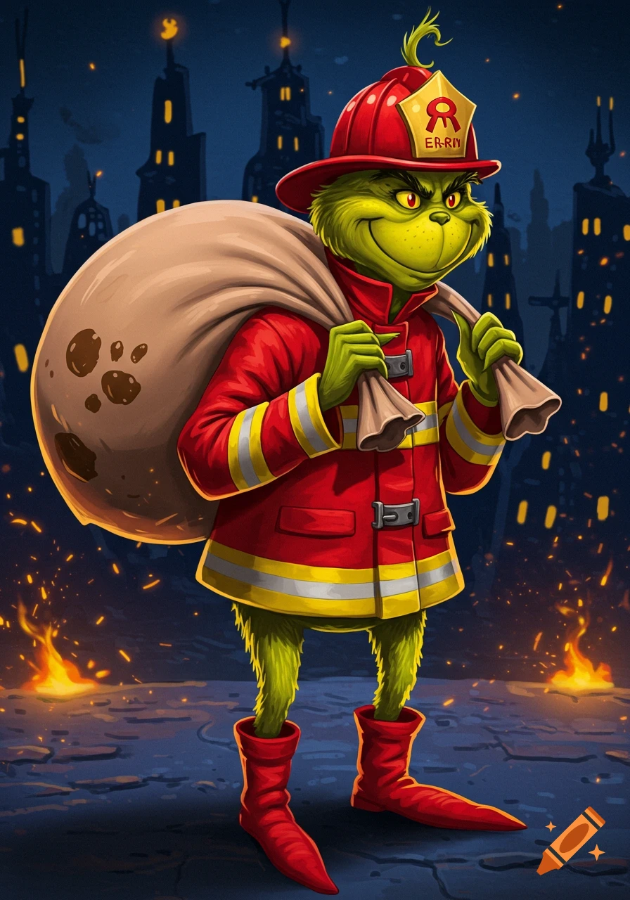 The Grinch dressed as a firefighter, carrying a large sack over his shoulder, standing in a city with fires.