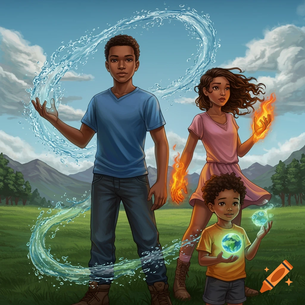 Three young people with elemental powers (water, fire, earth) stand in a field, digital illustration.