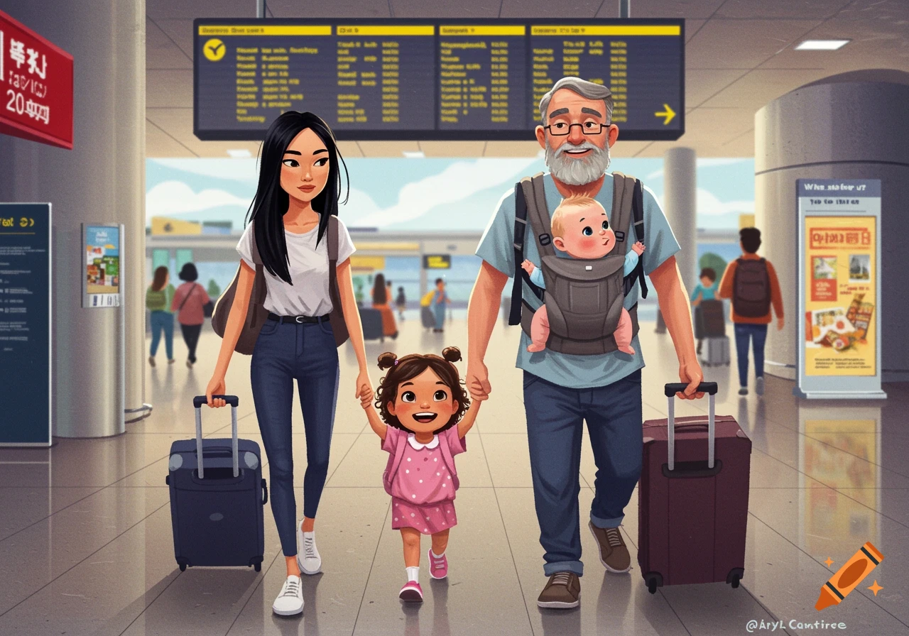Illustration of a family traveling at an airport with suitcases and baby carrier