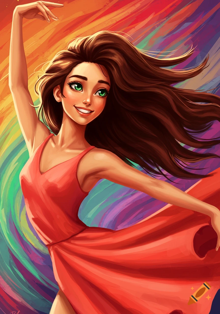 An illustration of a young woman with long brown hair dancing in a red dress against a swirling rainbow background.