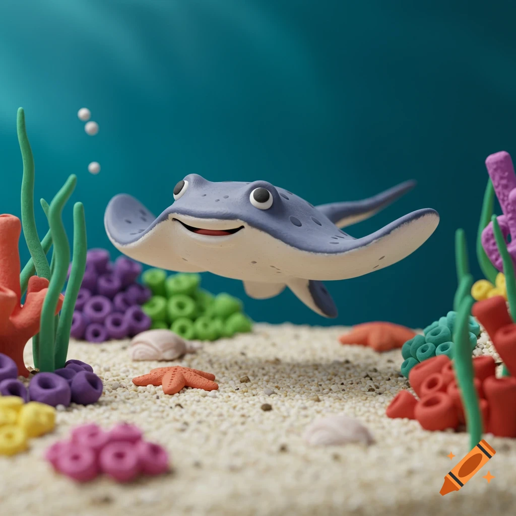 Clay model of a happy stingray swimming in an underwater diorama with colorful coral and sand.
