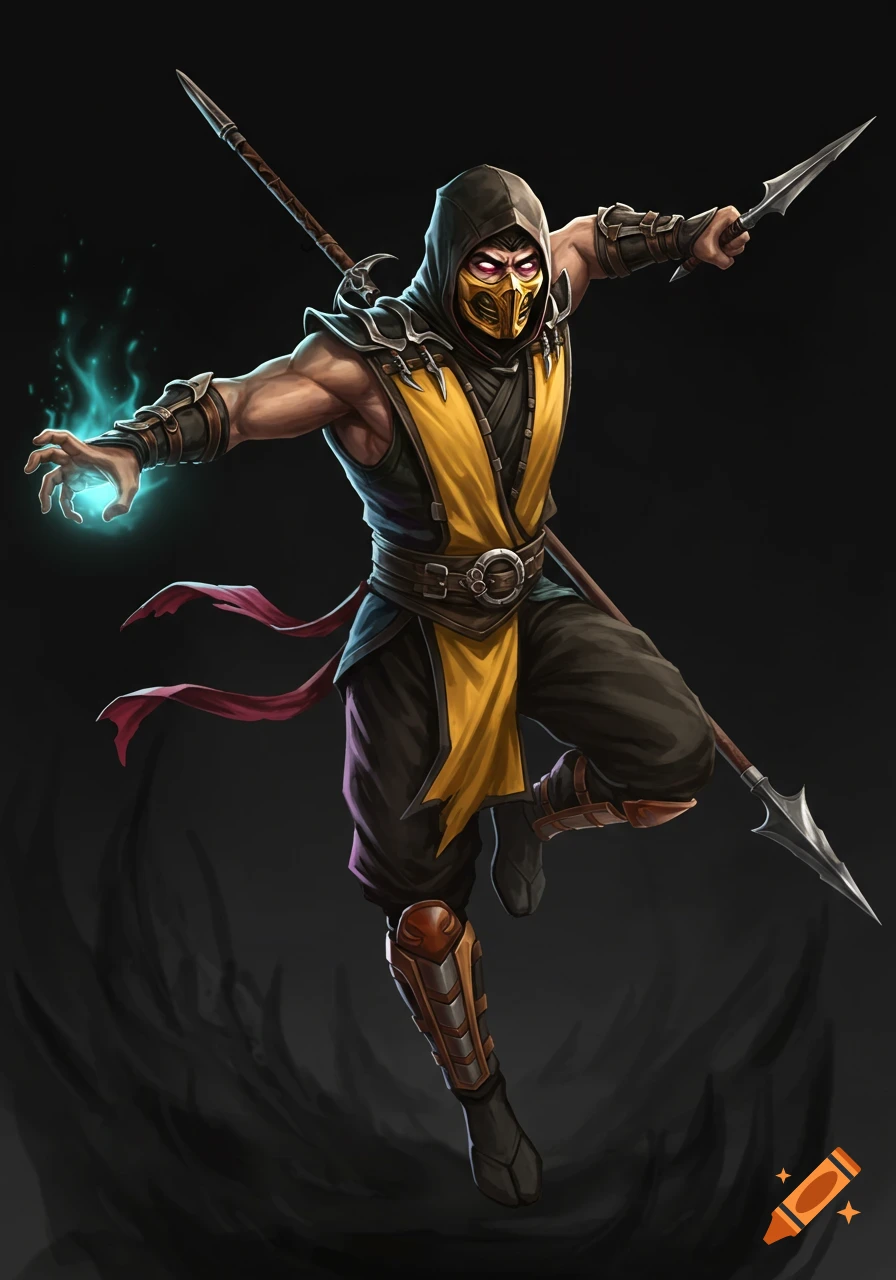 Mortal Kombat like ninja character in yellow and black costume with spear, knife, and glowing hand in a dynamic pose.