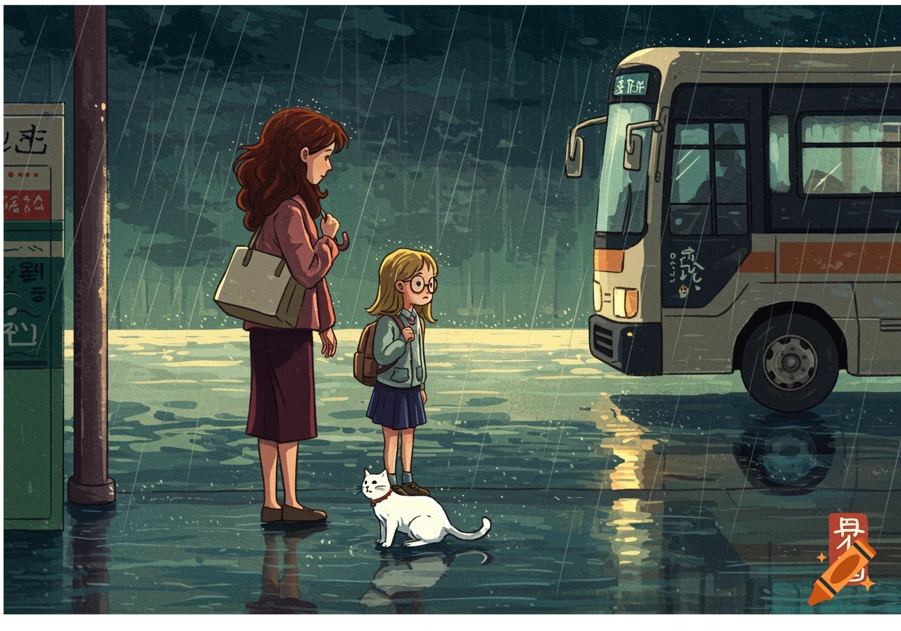 A mother, daughter, and white cat wait for a bus in the rain, in a Japanese woodblock print style.