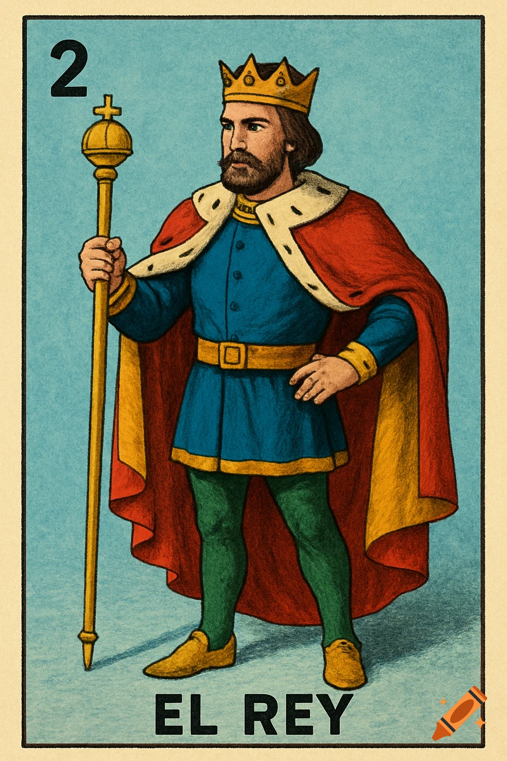 Loteria card number 2, 'EL REY', depicts a king holding a staff.