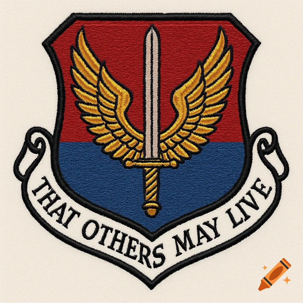 Embroidered patch with shield, sword, wings, and banner text