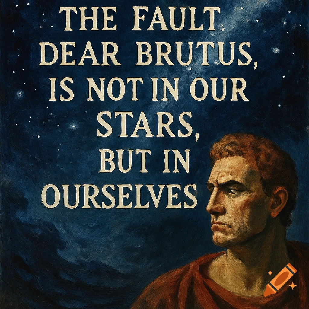 A man in classical attire with the quote 'The Fault Dear Brutus, Is Not In Our Stars, But in Ourselves' over a starry sky.