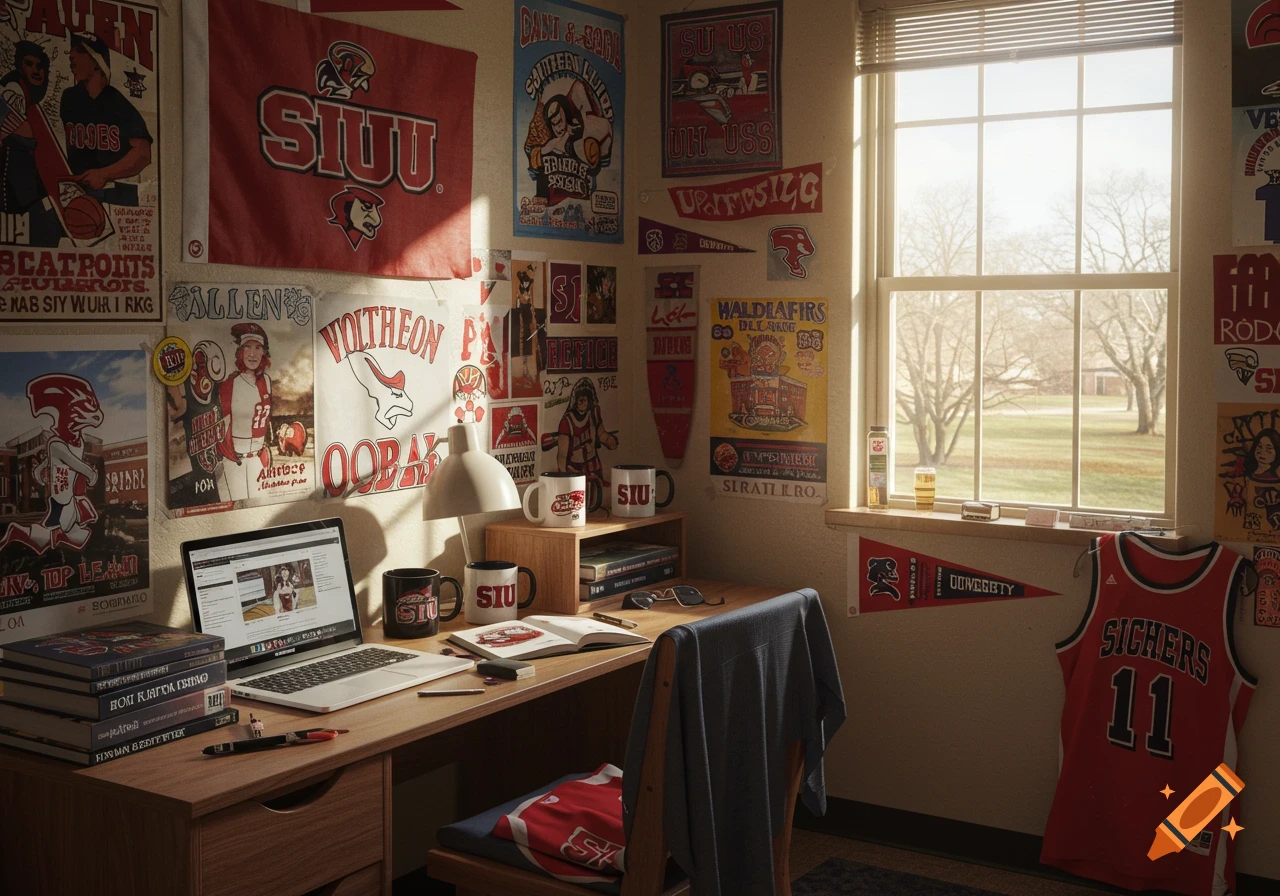 A college dorm room decorated with university flags, posters, and memorabilia, featuring a desk with a laptop and books near a sunlit window.