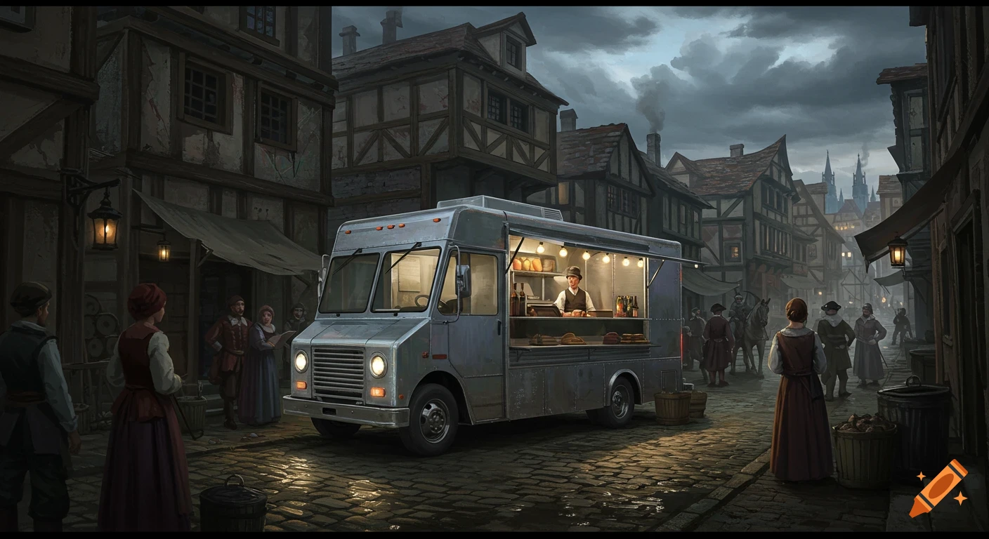 A food truck parked on a cobblestone street in a dark, historical city scene with people around.