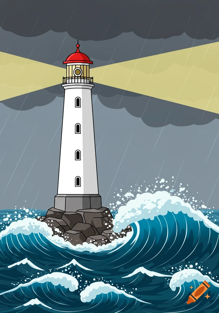 A clipart illustration of a lighthouse on rocks in a stormy sea with waves, rain, and beams of light from the top.