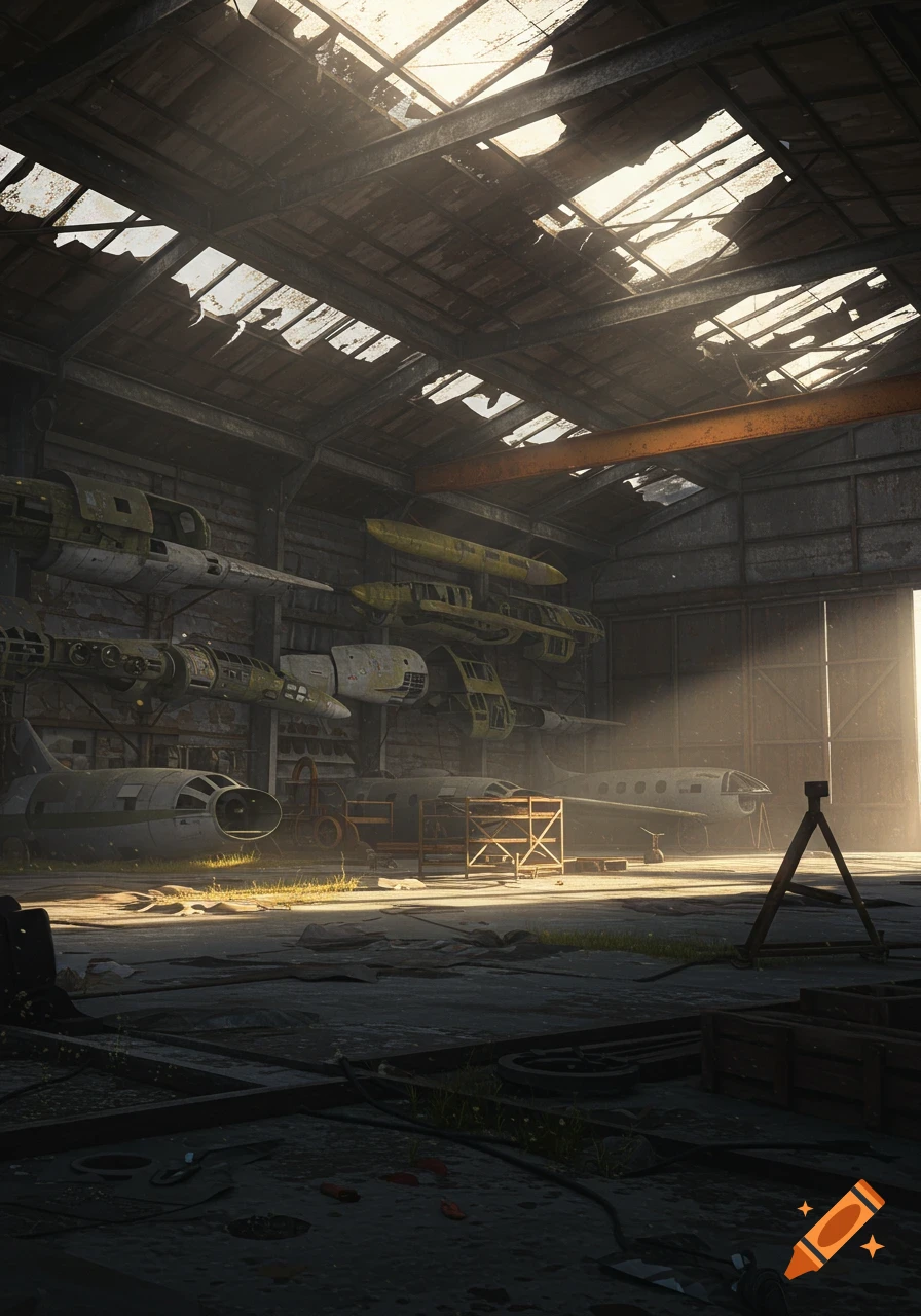 Abandoned aircraft hangar filled with old airplane parts, sunlight streaming through roof.