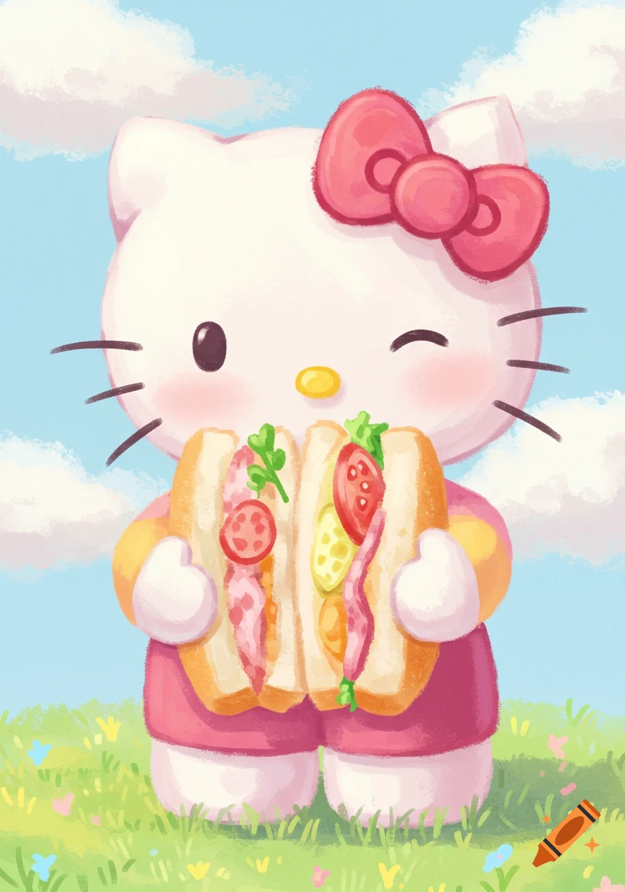 Hello Kitty holding a large sandwich in a field under a blue sky in an illustration style.