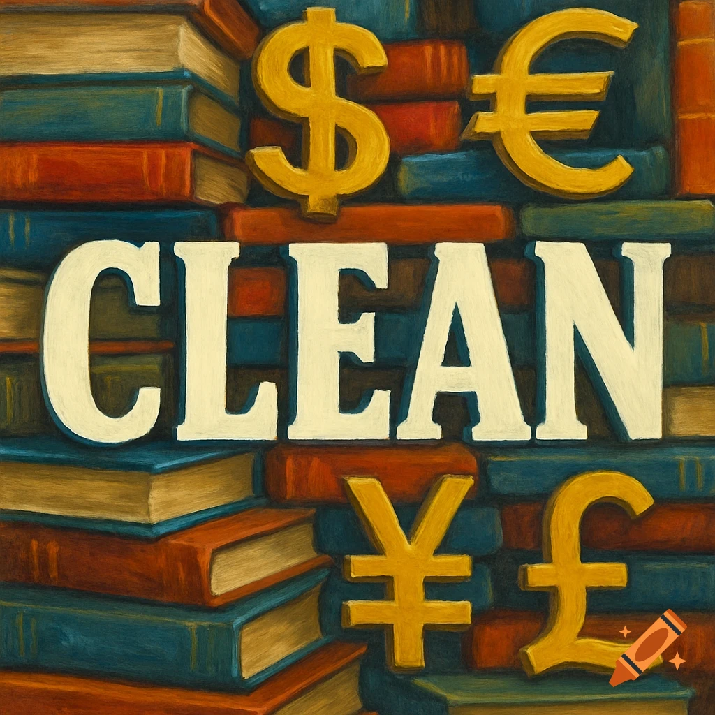 Text 'CLEAN' over stacks of books and currency symbols ($ € ¥ £) in a painterly style.