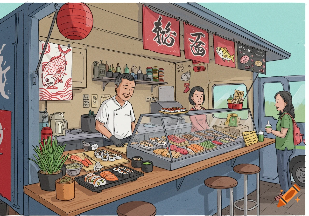 2D drawing of people at a sushi food truck