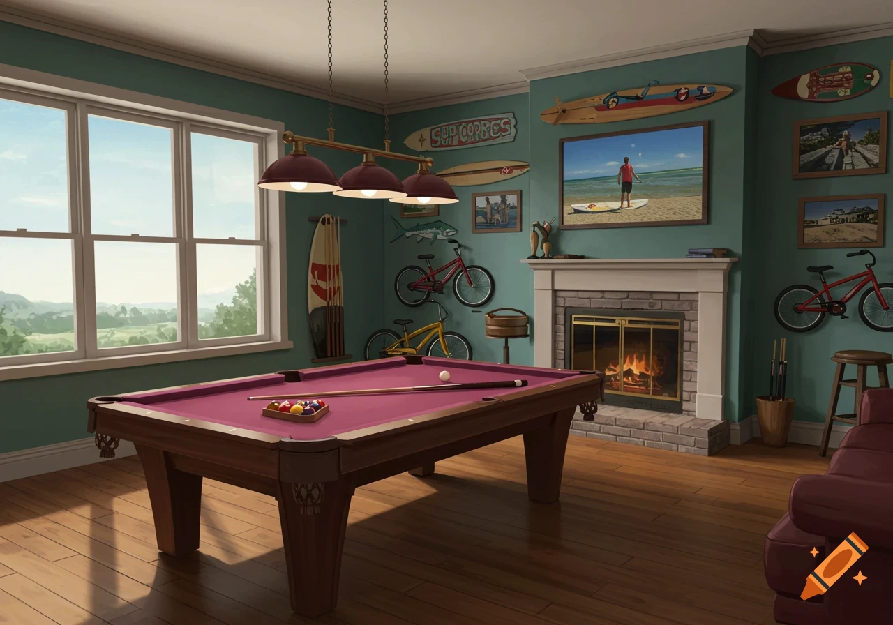 A game room with a pool table, fireplace, large windows, and decor including surfboards, bikes, and framed photos.