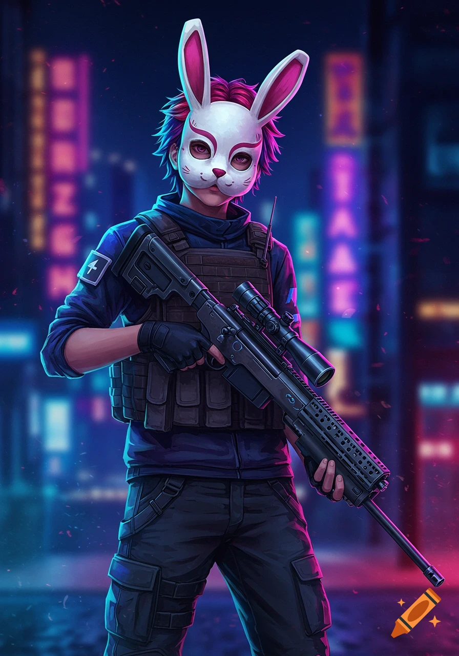 Anime person in a bunny mask holding a sniper rifle in a neon city street.