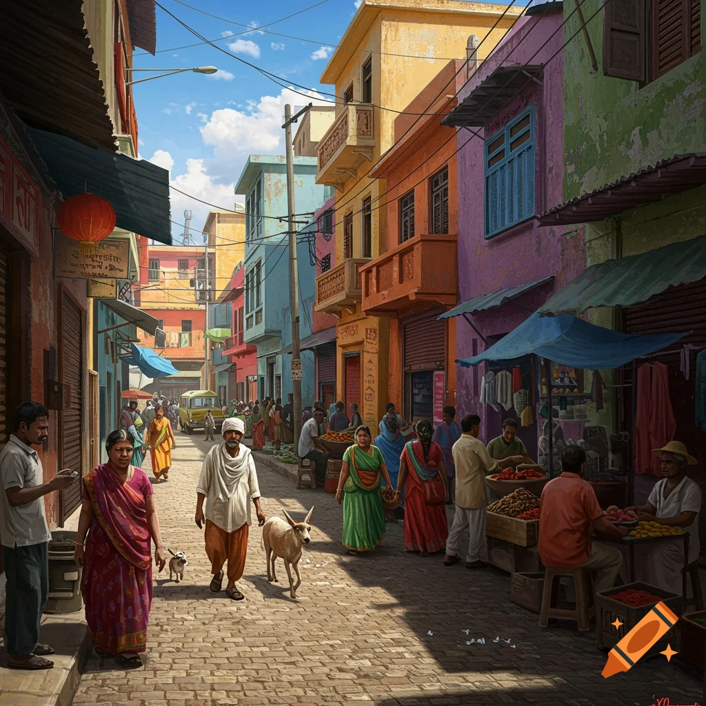 Busy street market scene in India with vendors, people, and colorful buildings under a blue sky.