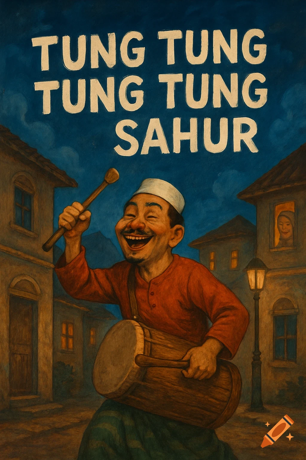 Painted scene of a man playing a drum on a street at night with the text 'TUNG TUNG TUNG TUNG TUNG SAHUR' above.