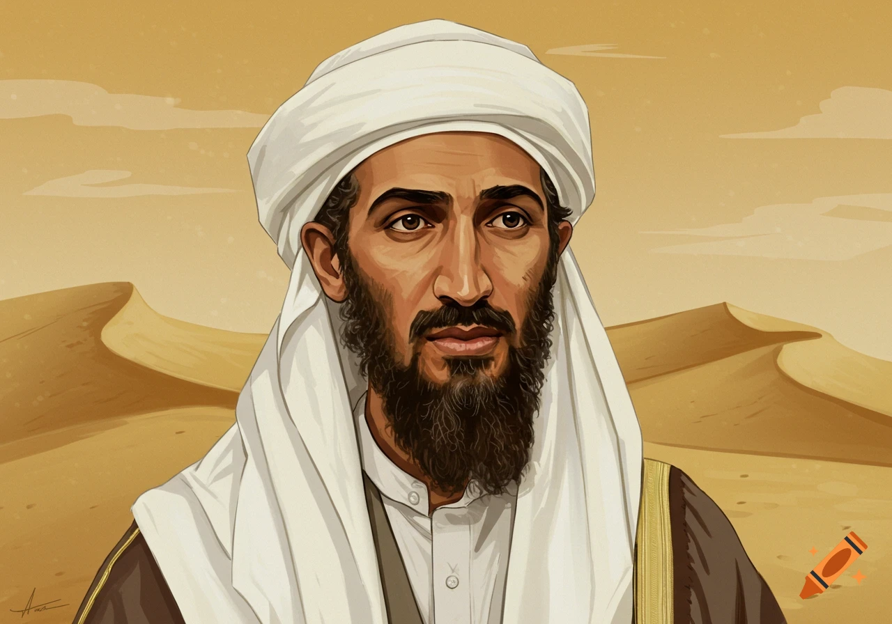 Stylized portrait of a man with a beard and turban in a desert.