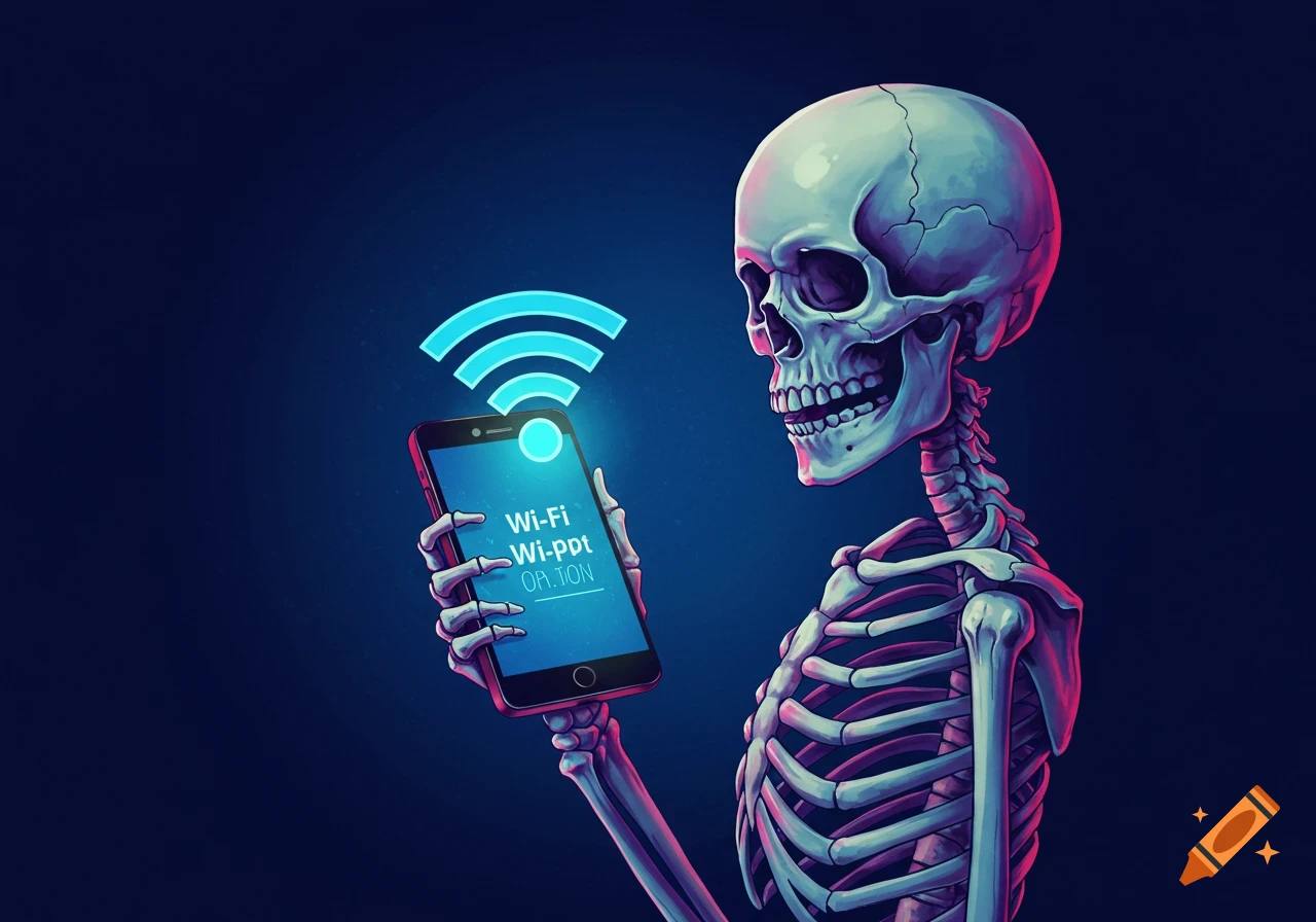 Skeleton holding a smartphone with a Wi-Fi symbol, digital illustration.