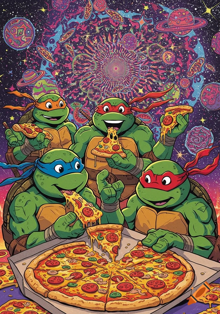 Four Teenage Mutant Ninja Turtles eating pizza in a colorful, trippy space scene.