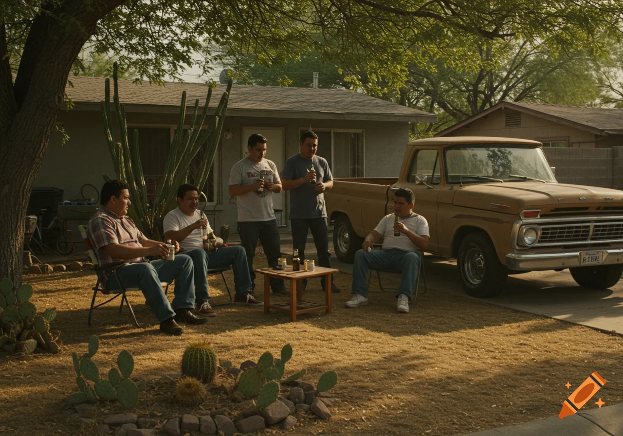 Men drinking beer in a sunny front yard with a pickup truck.