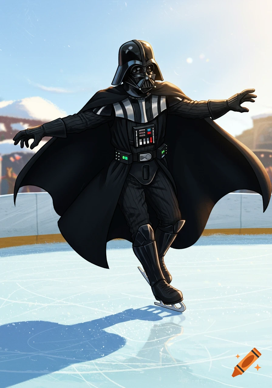 Darth Vader in his suit and cape ice skates on a sunny rink.