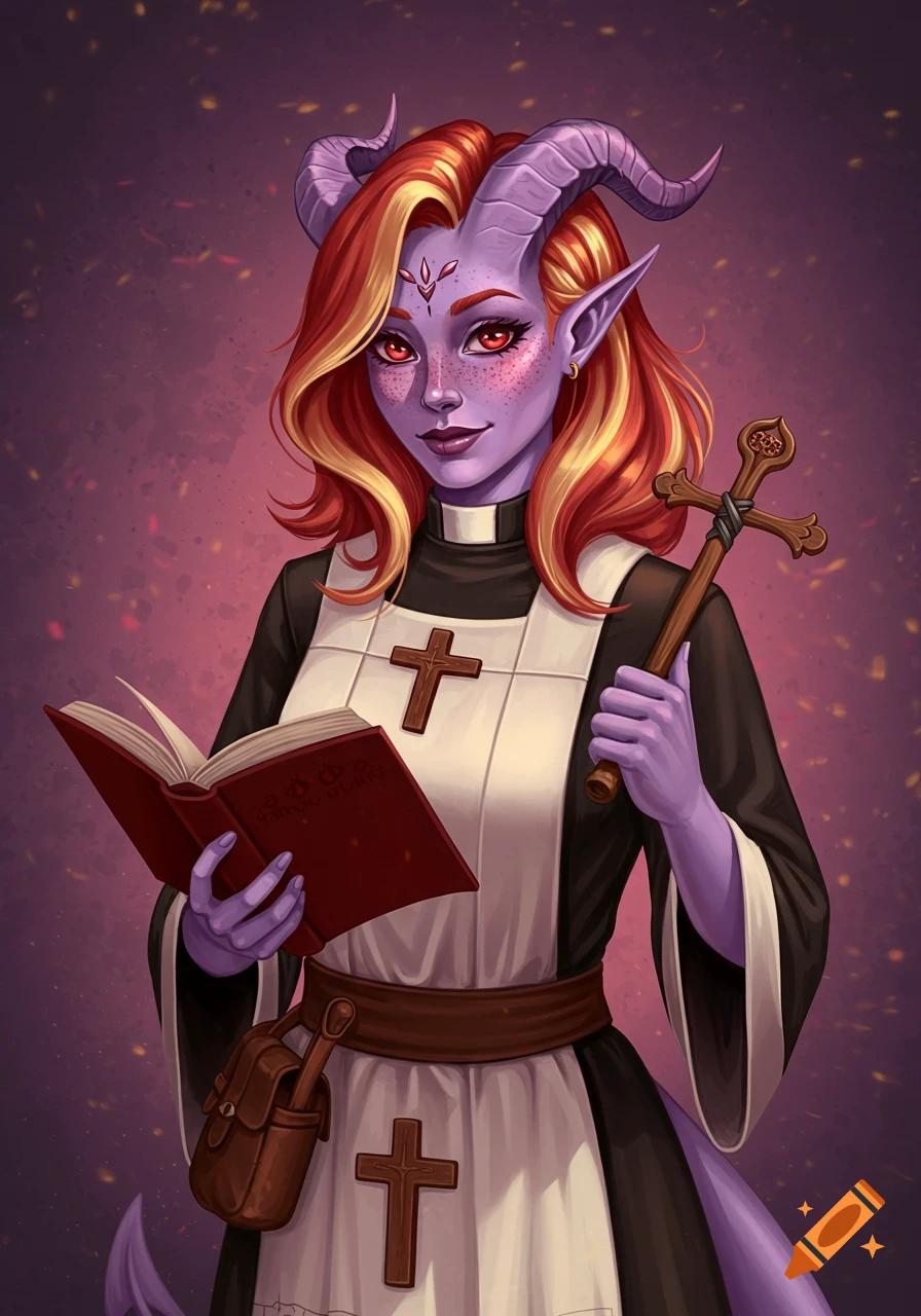 Fantasy portrait of a tiefling cleric with purple skin, horns, and red eyes, holding a red book and wooden cross.