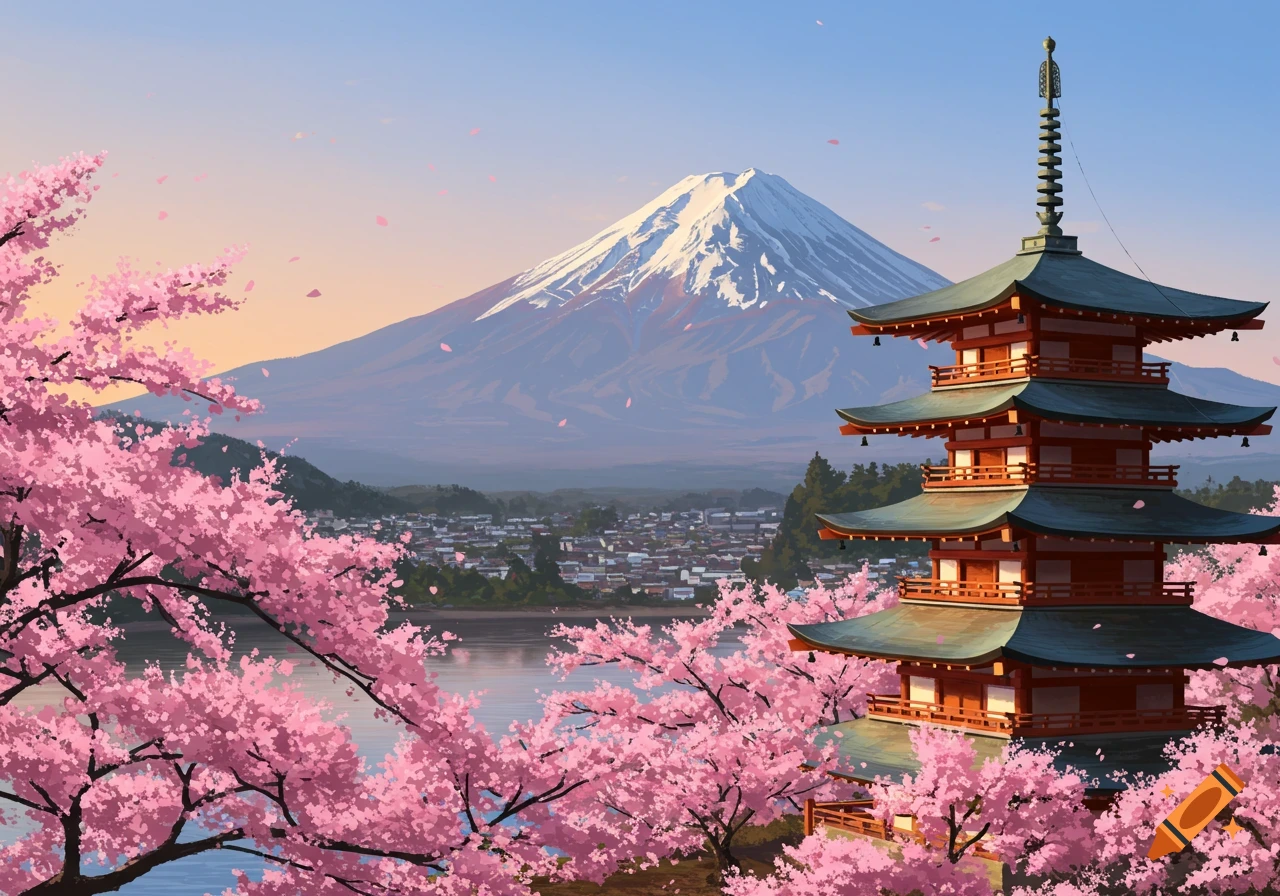 Japanese landscape illustration with a pagoda, cherry blossoms, and Mount Fuji in the background.