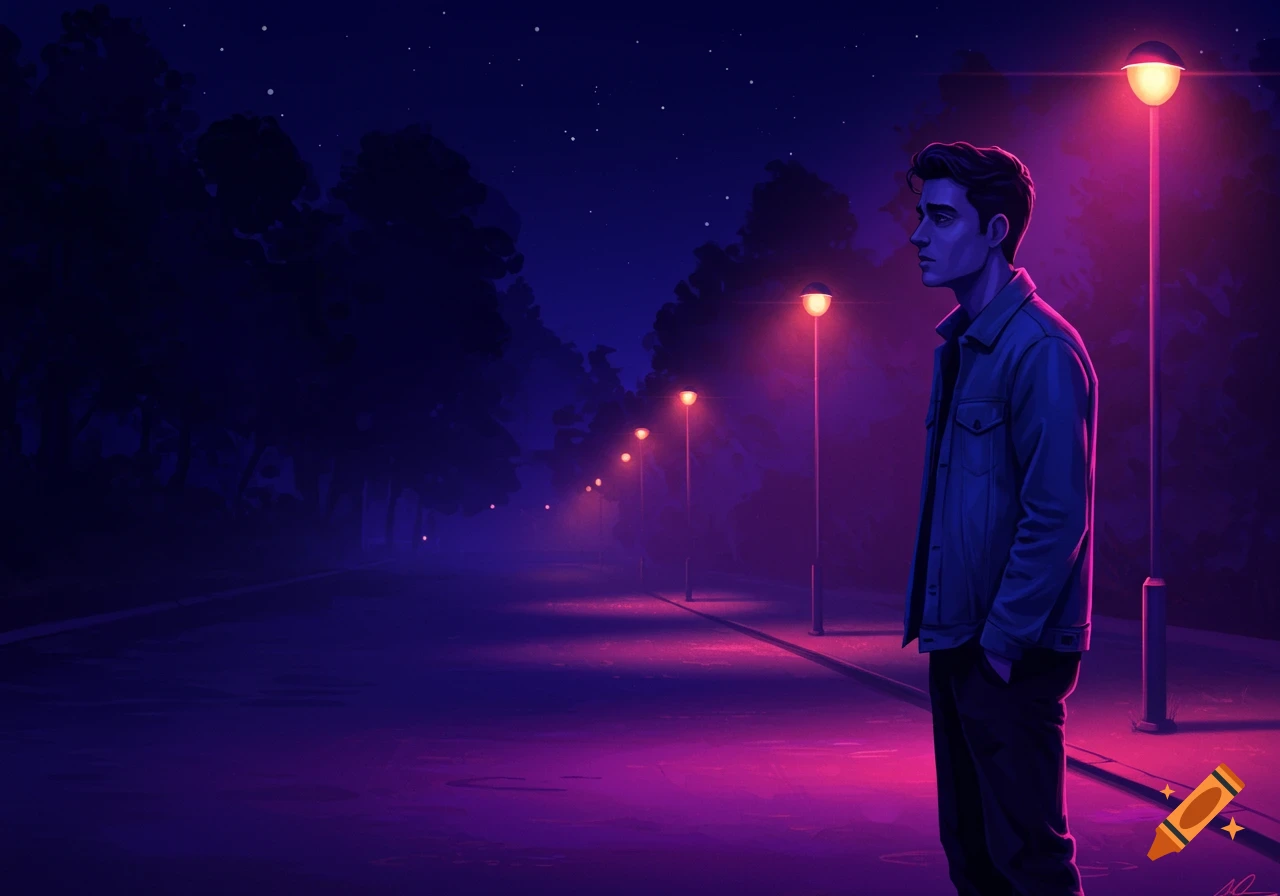 Illustrative style image of a man standing alone in a park at night ...