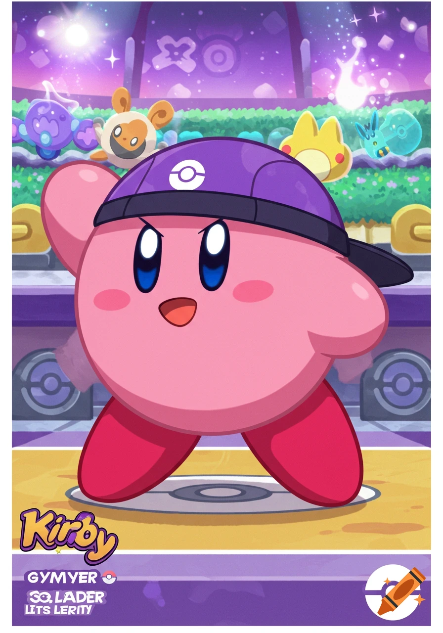 Cartoon Kirby in a purple baseball cap stands in a Pokemon gym setting.