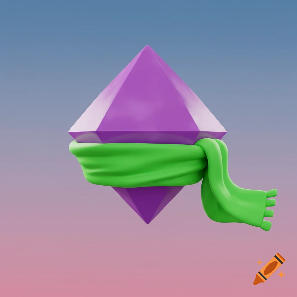 A 3D render of a purple crystal shape wearing a green scarf.
