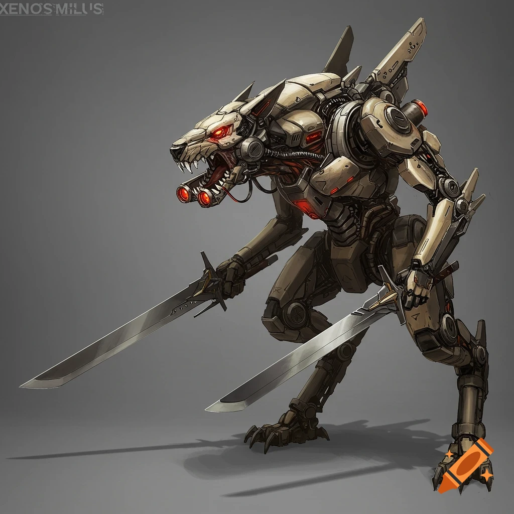 Mech creature with wolf head and swords.
