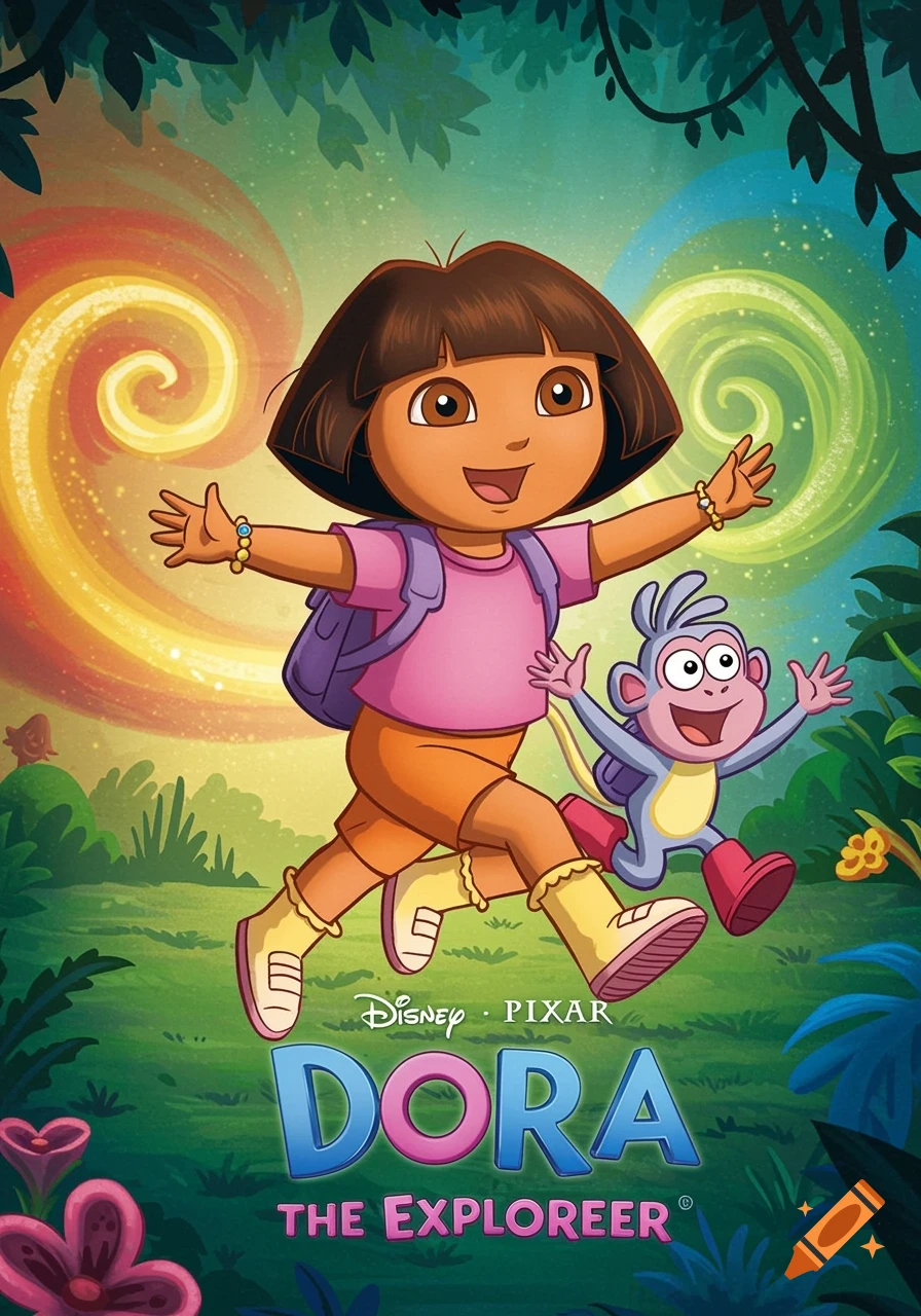 Cartoon illustration of Dora the Explorer and Boots running through a jungle.